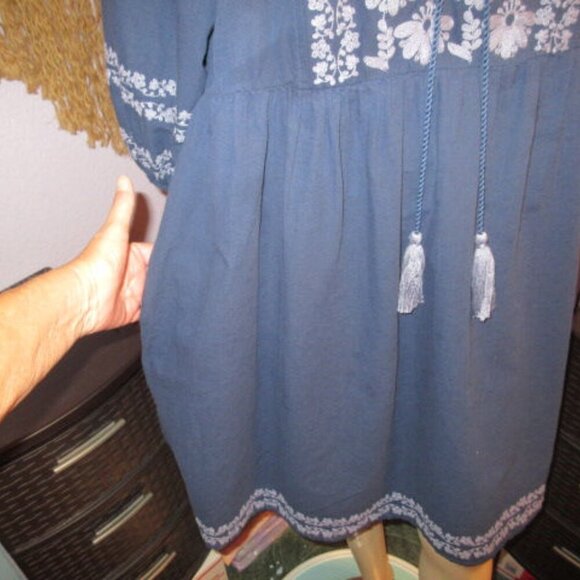 Sundance Caspian Breeze Dress Size L Linen Blend Embroidered Puff Sleeve Pockets - Picture 4 of 12